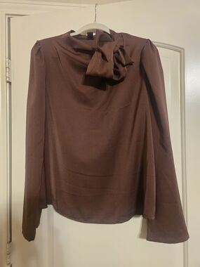 XL Brown Long Sleeve Bow Neck Blouse